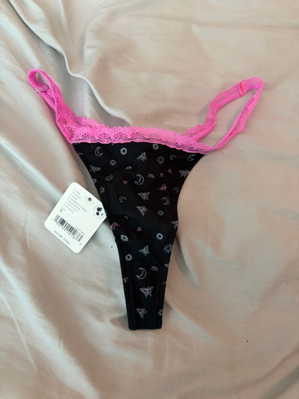 NWT free people Black & Hot Pink‎ Lace Thong with Moon Print